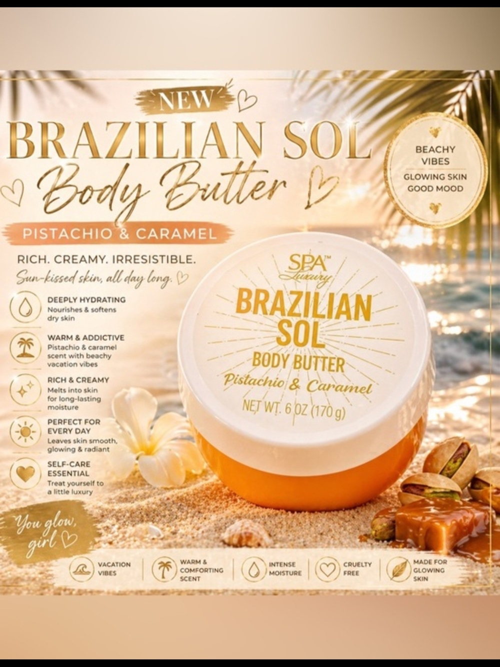 Brazilian Sol Pistachio & Caramel Body Butter - Rich Creamy Moisturizer 6 Oz